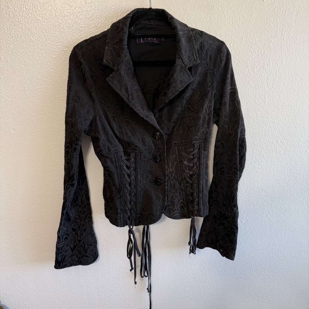 Vintage Tripp NYC Size XL Black Brocade Corset Style Lace Up Jacket Goth Punk